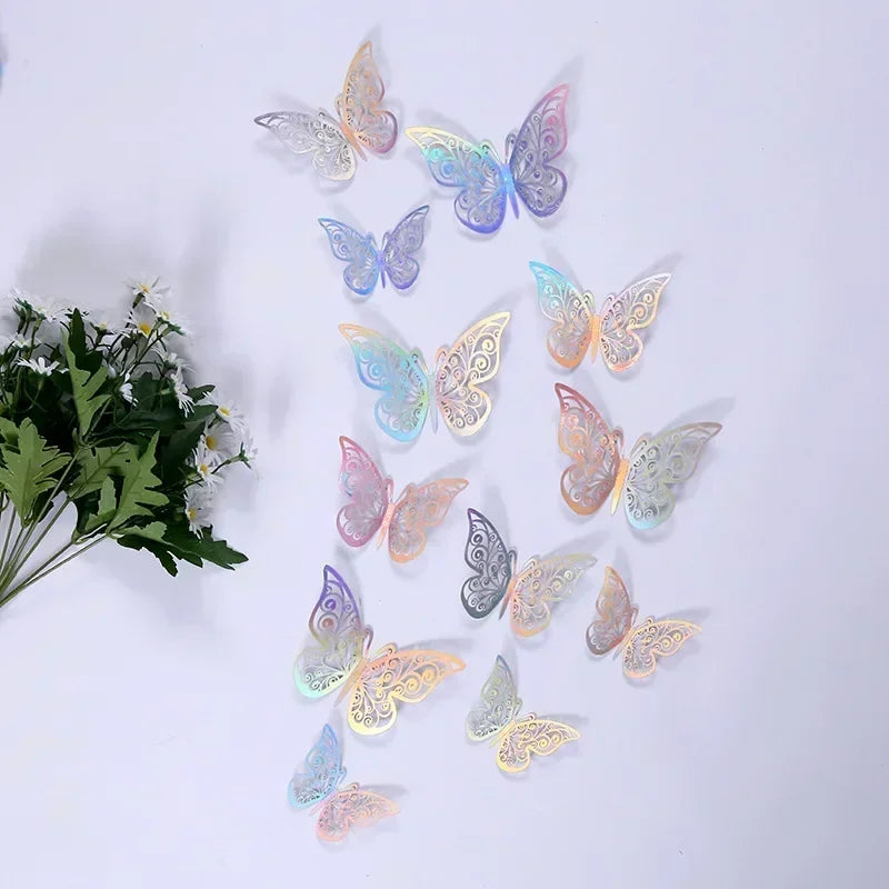 12pcs 3D Openwork Butterfly Wall Stickers Stereo Butterfly Wall Stickers Background Decoration Colourful Butterfly Stickers