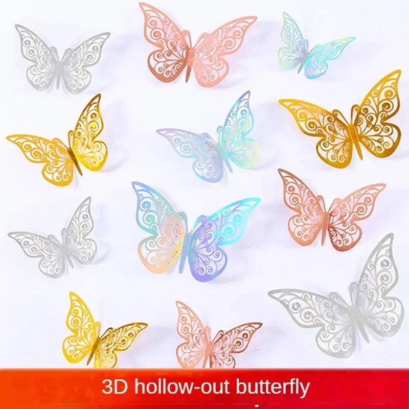 12pcs 3D Openwork Butterfly Wall Stickers Stereo Butterfly Wall Stickers Background Decoration Colourful Butterfly Stickers