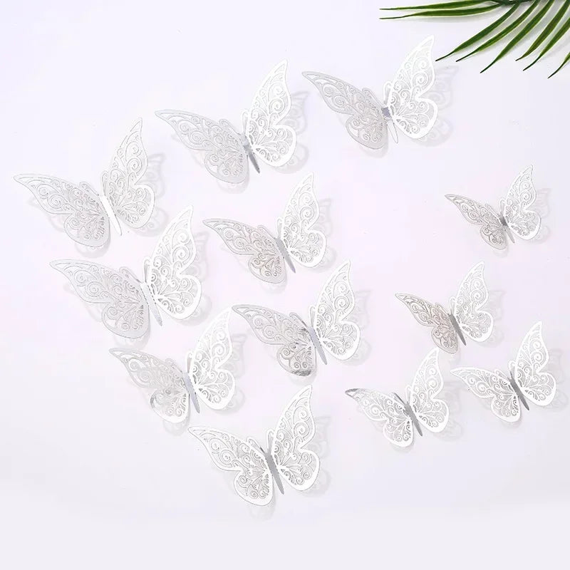 12pcs 3D Openwork Butterfly Wall Stickers Stereo Butterfly Wall Stickers Background Decoration Colourful Butterfly Stickers